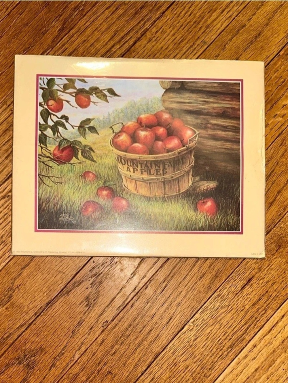 Vintage 1990s Marilyn Rea Mountain Farm Apples Apple Basket Art Print in Red & G